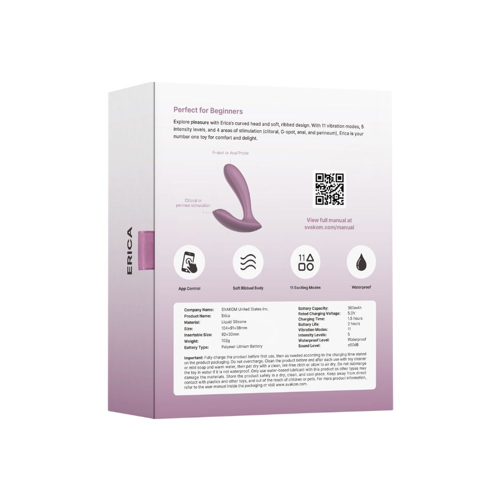 Back View of Svakom | Erica App-Controlled Wearable Vibrator & Anal Stimulator (Romantic Rose) Packaging on White Background