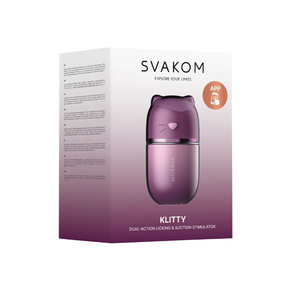 Front angled view of the Svakom Klitty Interactive Licking, Sucking & Vibrating Clitoral Stimulator packaging box showing the product image, SVAKOM branding and app control badge on a white background.