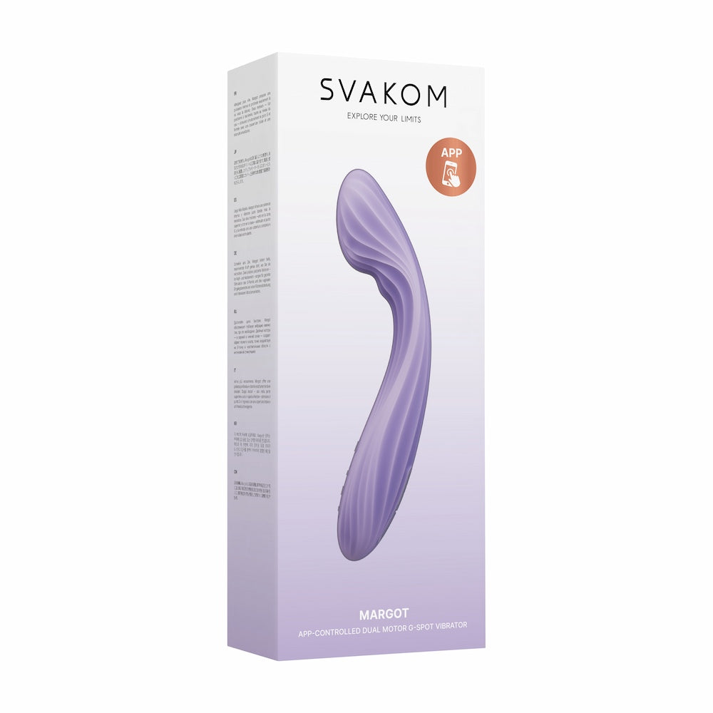 Front View Of Svakom Margot Dual-Motor Warming G-Spot Vibrator Packaging On White Background