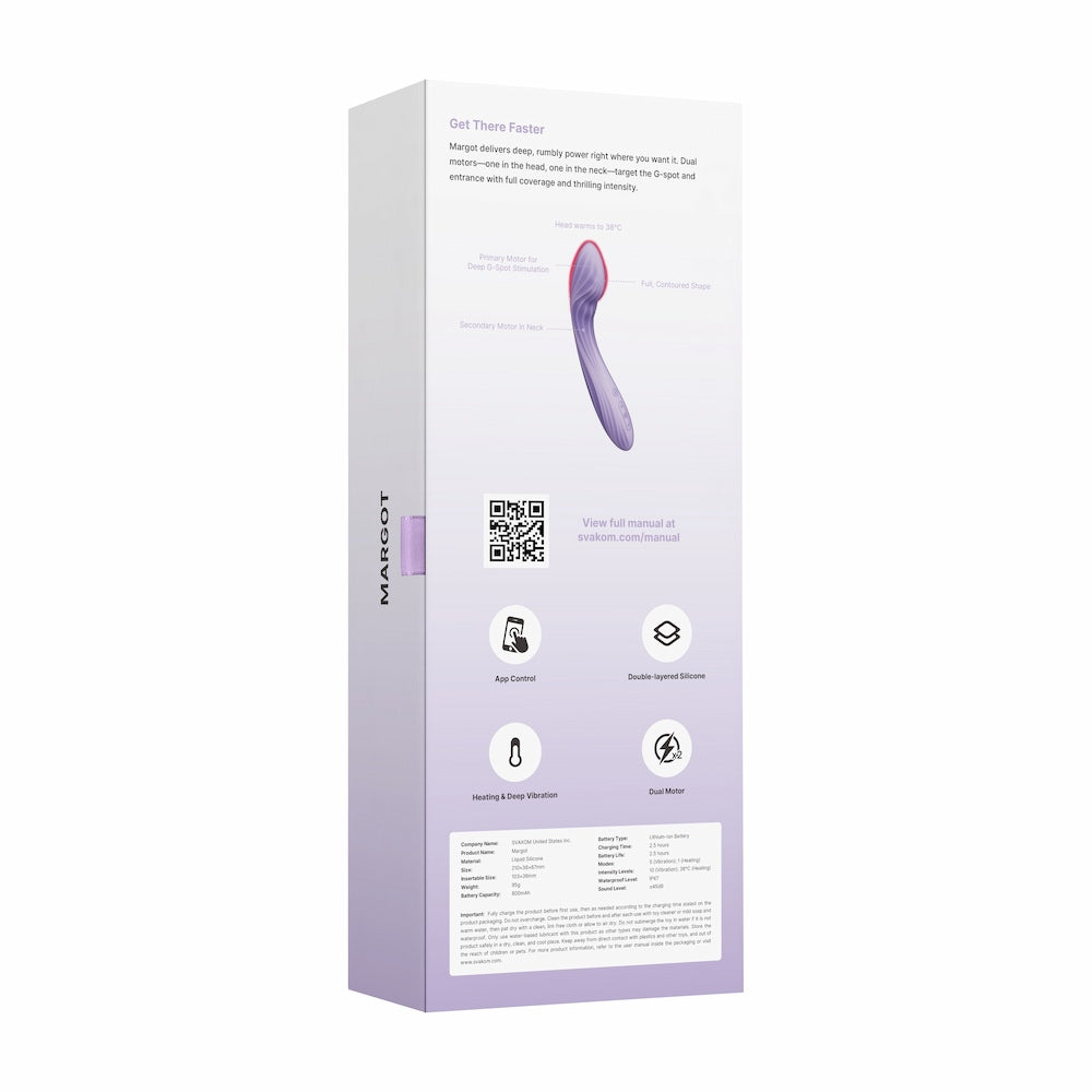 Rear View Of Svakom Margot Dual-Motor Warming G-Spot Vibrator Packaging On White Background