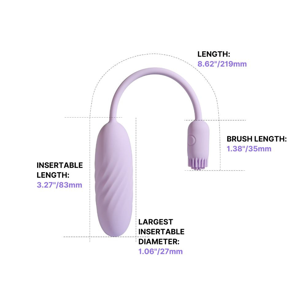 Svakom Plume Interactive Brush Tail Bullet Vibrator size guide showing the total length, insertable length, brush length and largest insertable diameter.