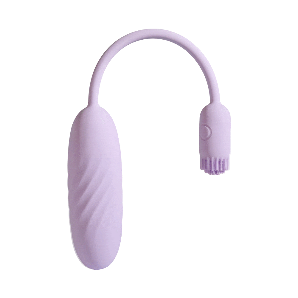 Animated view of Svakom Plume Interactive Brush Tail Bullet Vibrator in pastel lilac showing the flexible brush tail and bullet body in motion on a lilac background.