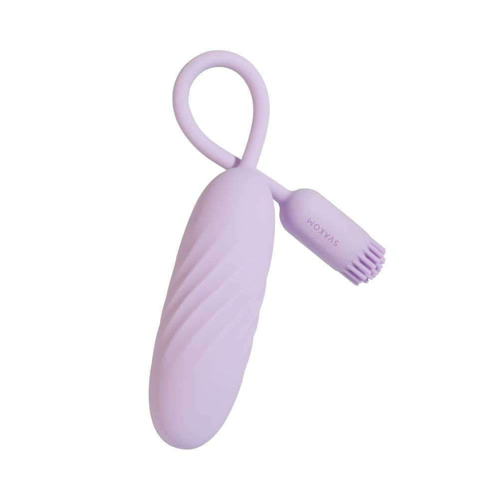 Angled view of Svakom Plume Interactive Brush Tail Bullet Vibrator in pastel lilac, showing the curved flexible tail, bullet body and brush-tip end on a white background.
