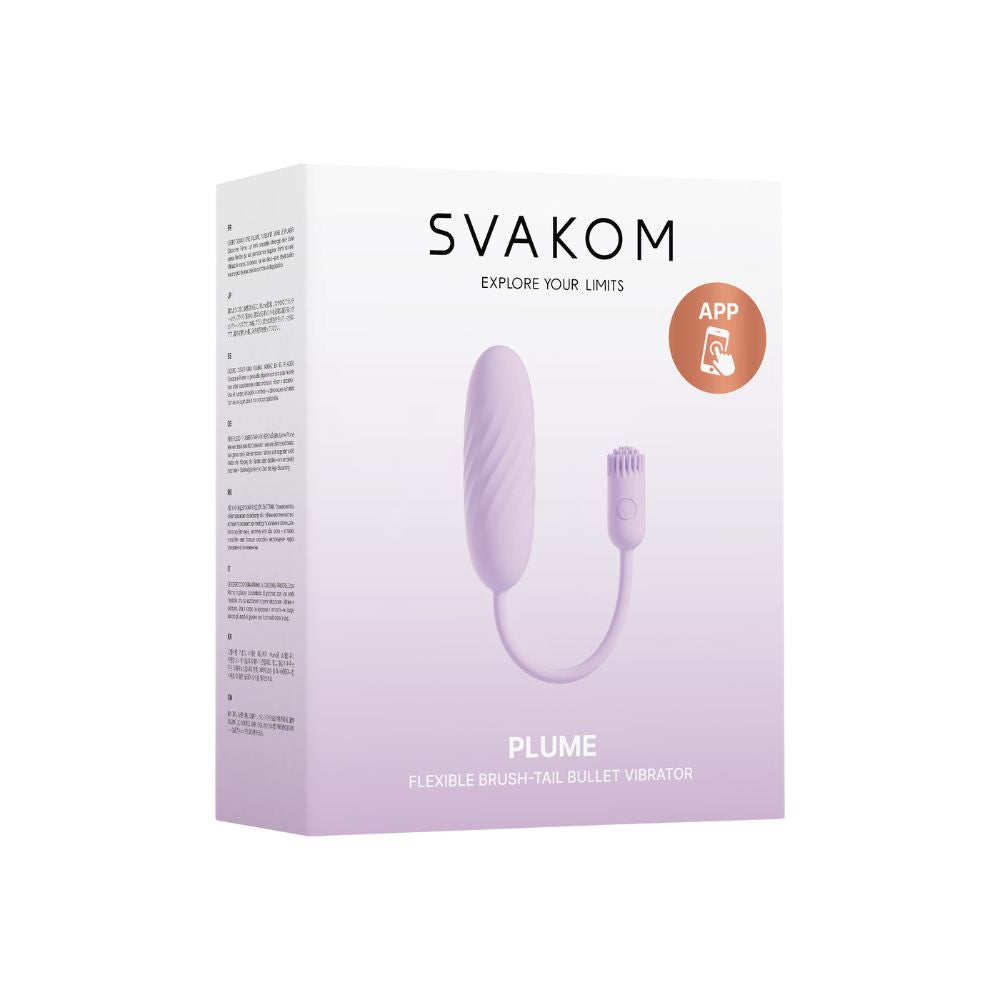 Front view of Svakom Plume Interactive Brush Tail Bullet Vibrator packaging box showing the product image, product name and app-control icon.