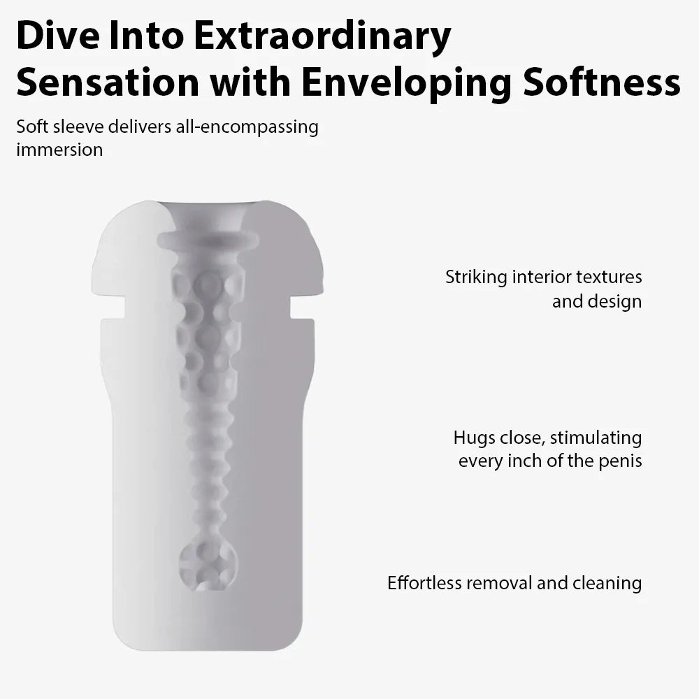 Cross-section View Of Svakom Sam Neo 2 Pro Interactive Heating, Sucking & Vibrating Masturbator Sleeve With Product Features On White Background