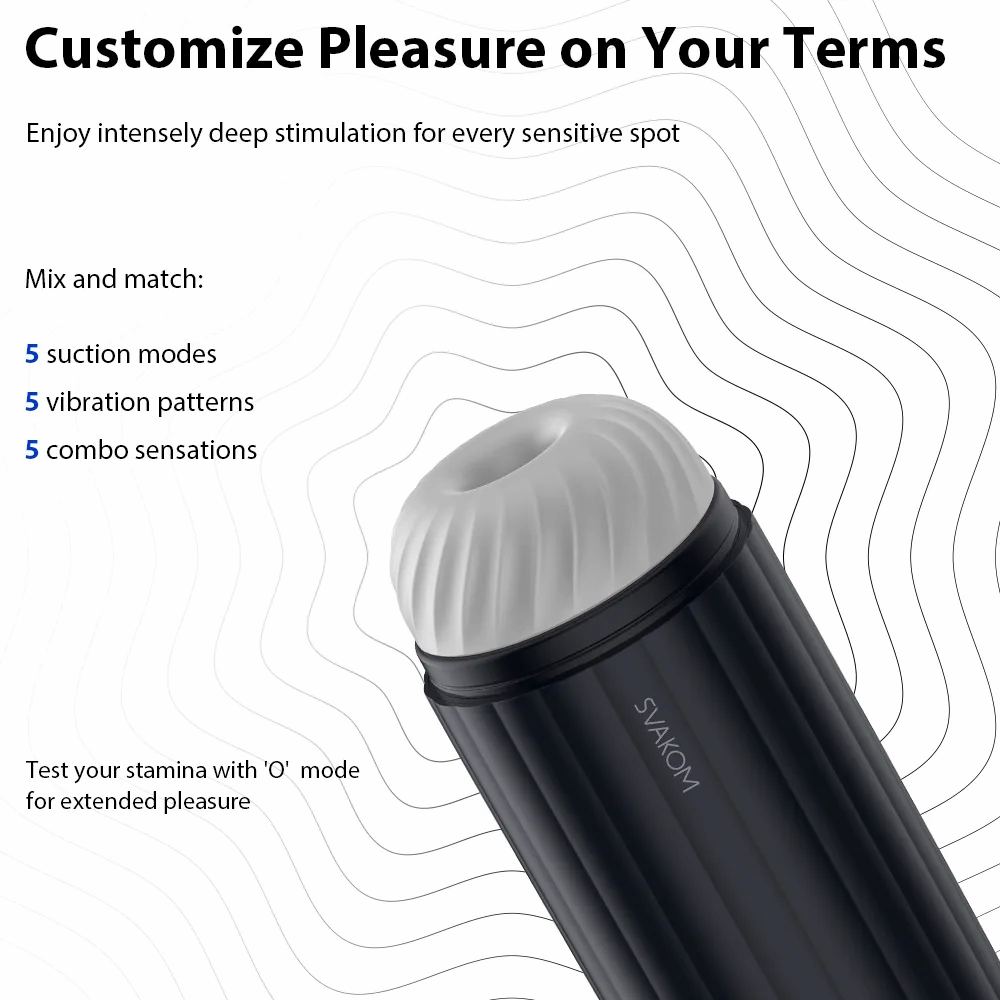 Open View Of Svakom Sam Neo 2 Pro Interactive Heating, Sucking & Vibrating Masturbator With Product Features On White Background
