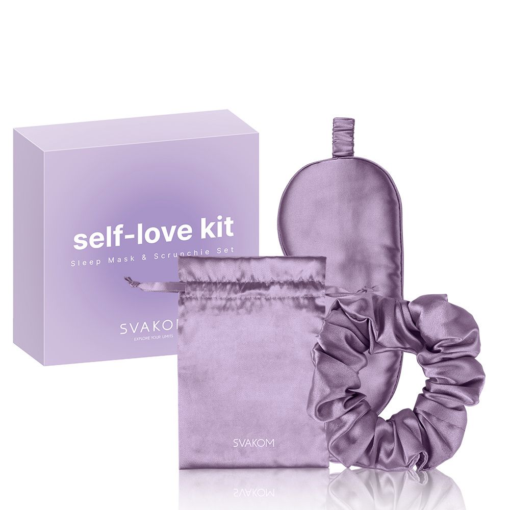 Violet Svakom Self-Love Kit featuring the branded gift box, satin storage pouch, contoured satin sleep mask and matching satin scrunchie, set against a plain white background