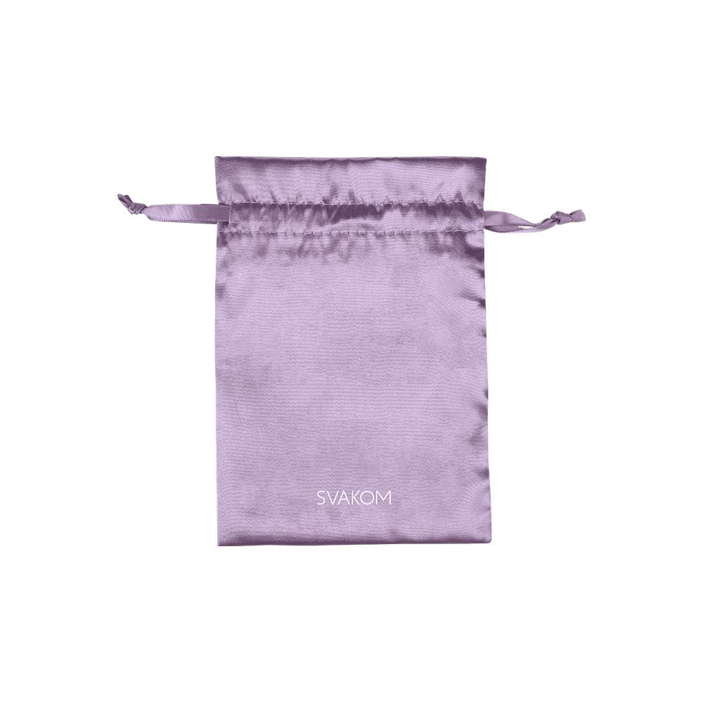 Violet Svakom Self-Love Kit satin storage pouch, featuring matching drawstring ties and the white 'SVAKOM' logo on the front, set against a plain white background