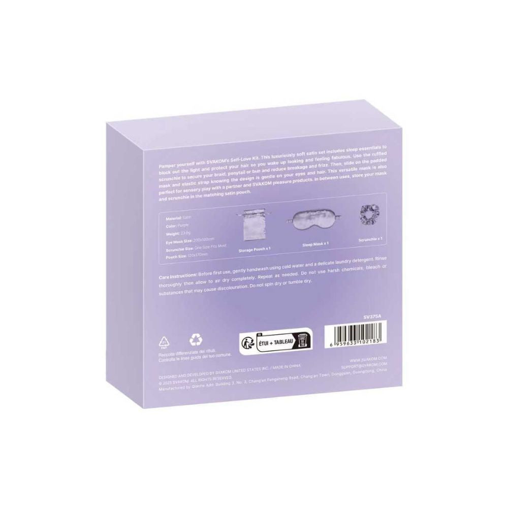 Back of the Violet Svakom Self-Love Kit gift box, featuring printed product details, care instructions, images of the included sleep mask, storage pouch and scrunchie, and barcode, set against a plain white background