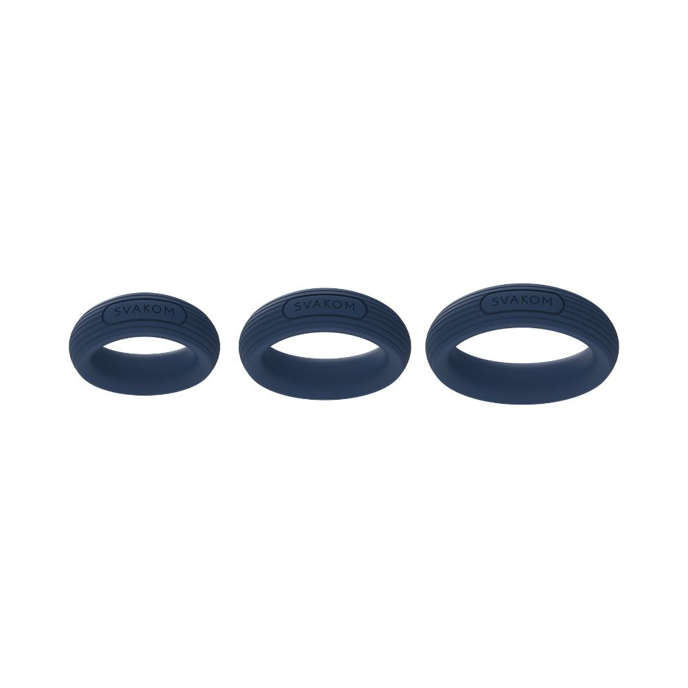 Front view of Svakom Triooo Three-Piece Silicone Cock Ring Set showing three dark blue silicone rings in different sizes on a white background.