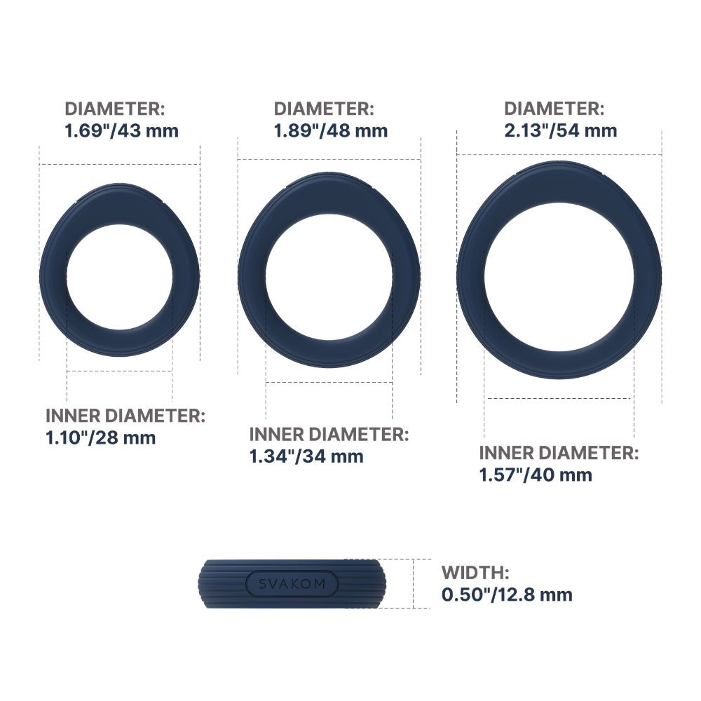 Svakom Triooo Three-Piece Silicone Cock Ring Set size guide showing the three ring diameters, inner diameters and width measurements on a white background.