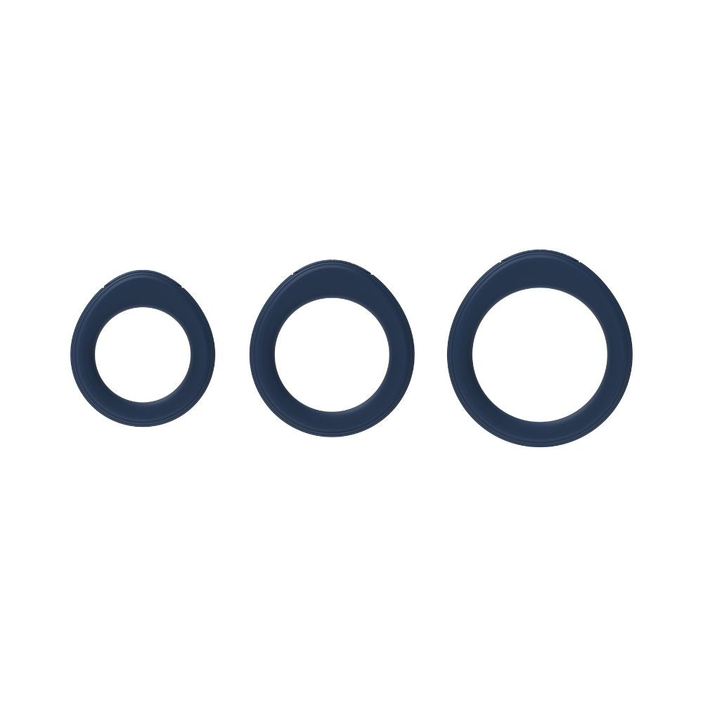 Side view of Svakom Triooo Three-Piece Silicone Cock Ring Set showing three dark blue silicone rings in small, medium and large sizes on a white background.