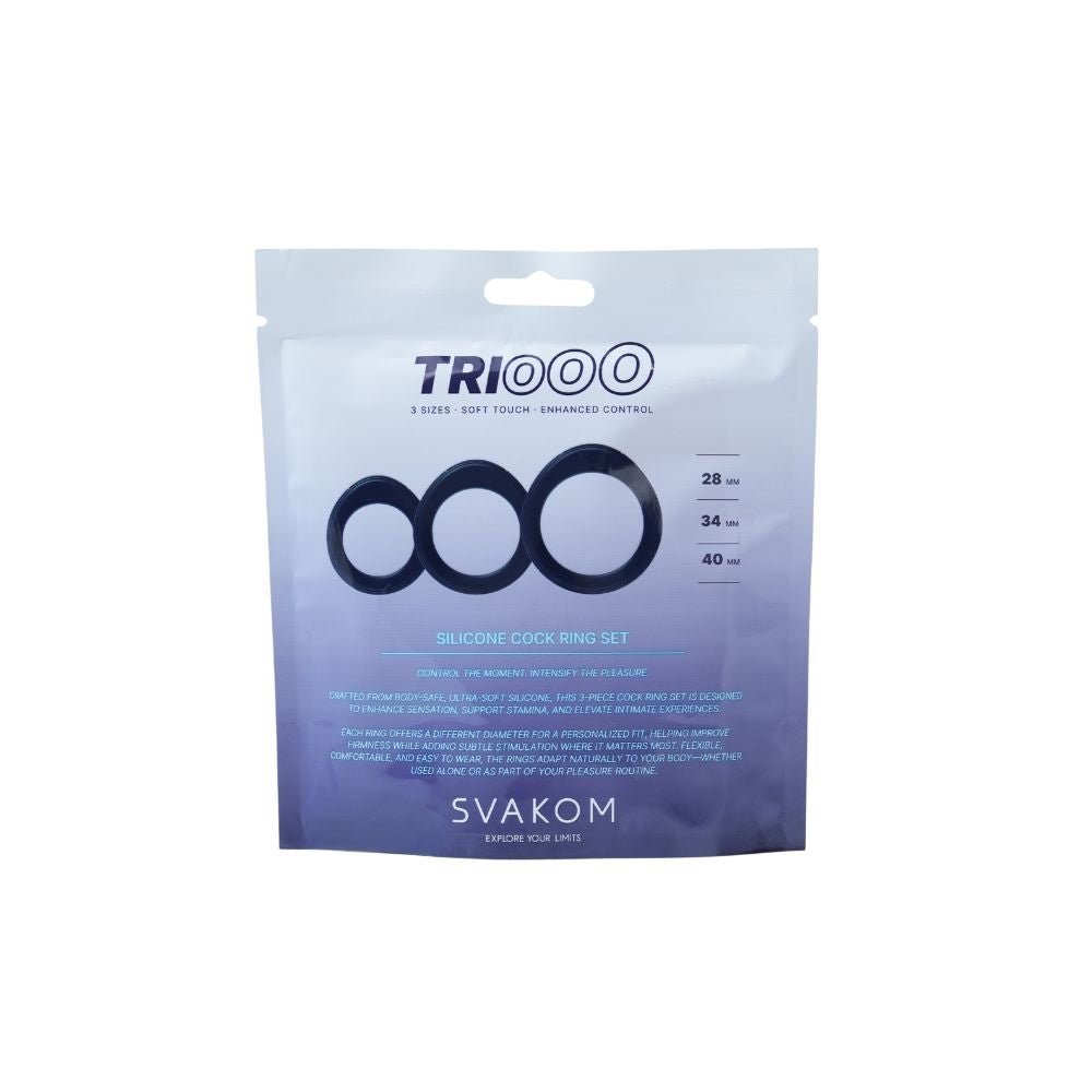 Front view of Svakom Triooo Three-Piece Silicone Cock Ring Set packaging showing the three ring sizes and product details on a white background.