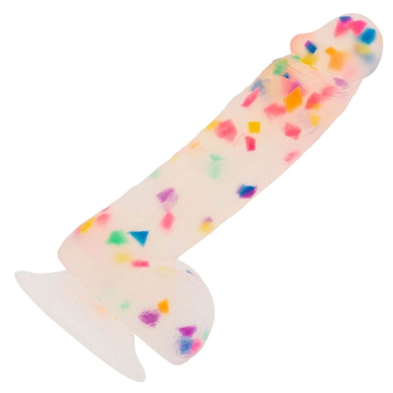 Side view of the Swan Addiction | Party Marty 7.5 Inch Frost and Confetti Suction Cup Dildo