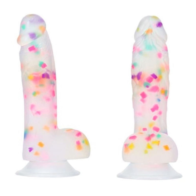 Side and rear views of the Swan Addiction | Party Marty 7.5 Inch Frost and Confetti Suction Cup Dildo