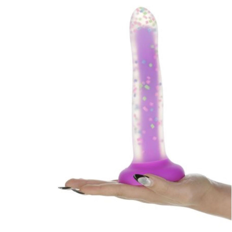 Swan Addiction | Rave 8 Inch Glow-In-The-Dark Purple Confetti Suction Cup Dildo in hand