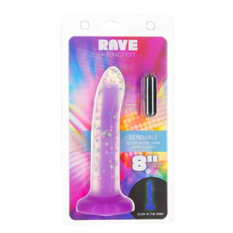 Swan Addiction | Rave 8 Inch Glow-In-The-Dark Purple Confetti Suction Cup Dildo in packaging