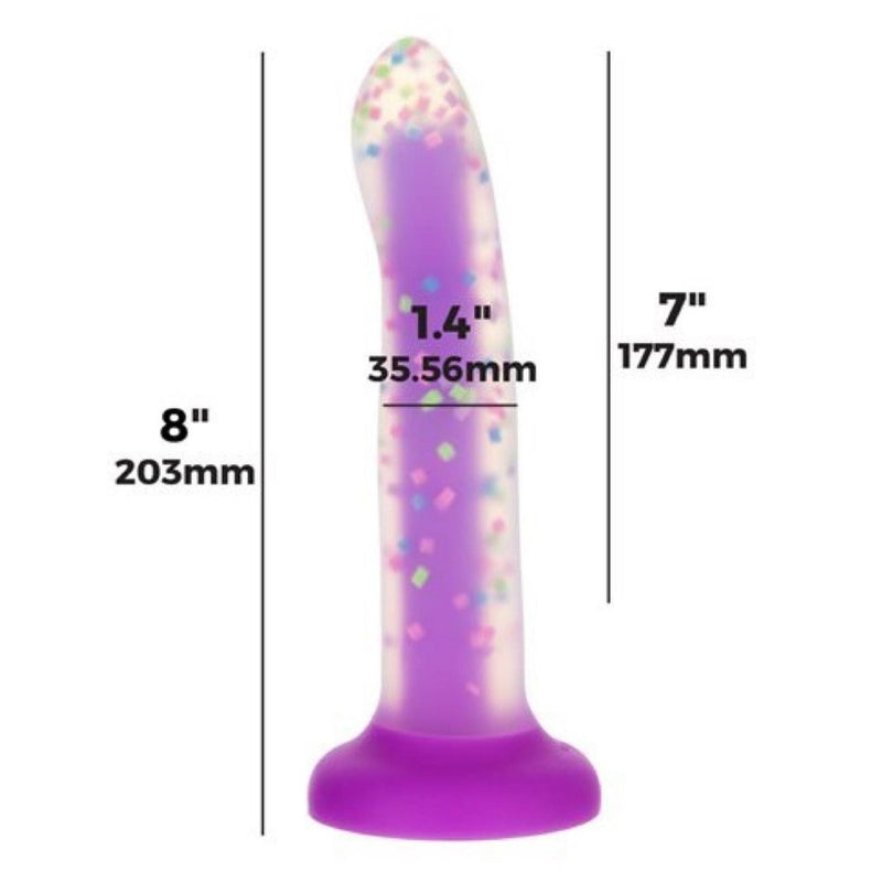 Swan Addiction | Rave 8 Inch Glow-In-The-Dark Purple Confetti Suction Cup Dildo dimensions