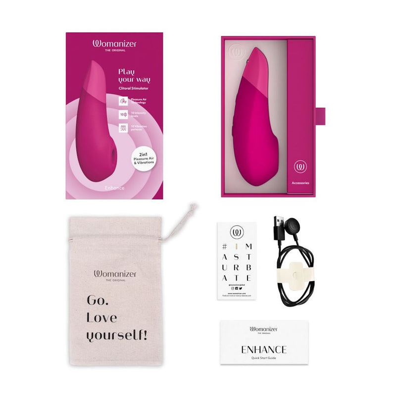 Womanizer | Enhance Clitoral Stimulator with Pleasure Air & Vibrations Packaging and Contents