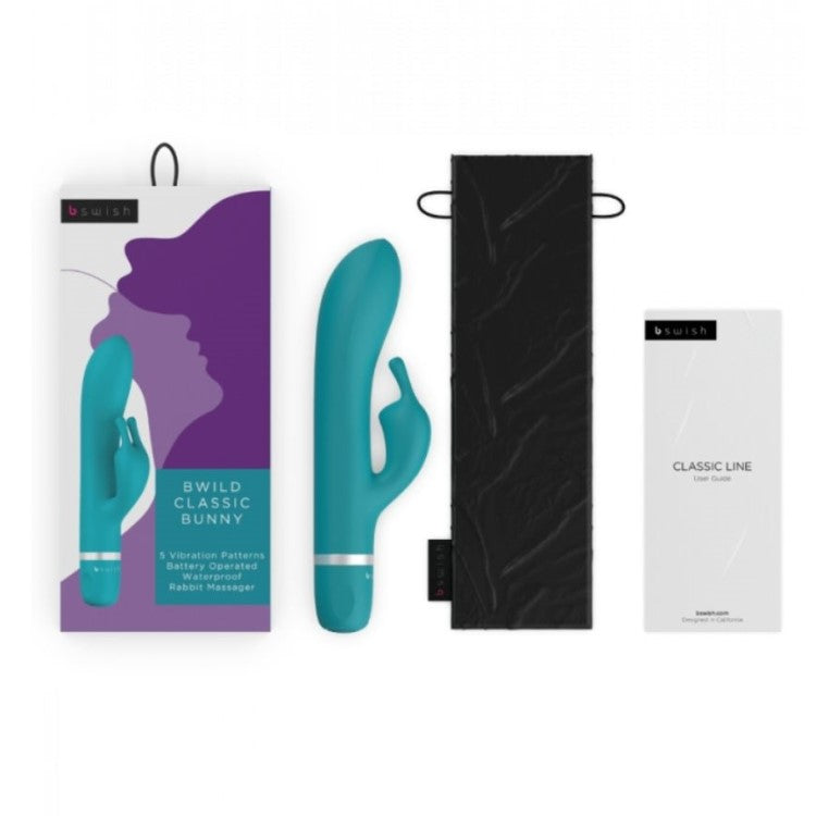 Packaging contents of Bwild Classic Bunny Vibrator | B Swish - Jade 