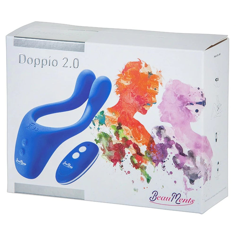 Product packaging for Doppio 2.0 Remote-Controlled Couple's Vibrator | BeauMents - Blue