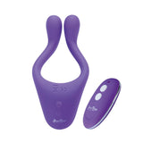 Full front view of Doppio 2.0 Remote-Controlled Couple's Vibrator | BeauMents - Purple with remote
