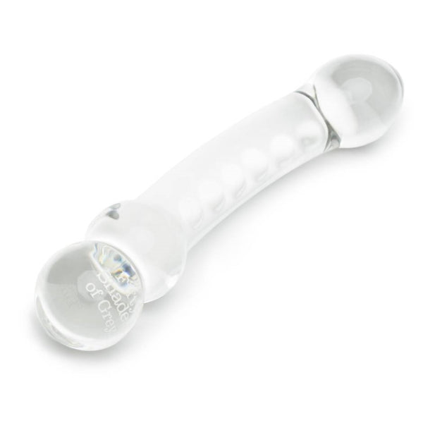 Flat lay of Drive Me Crazy Glass Massage Wand | Fifty Shades - Clear