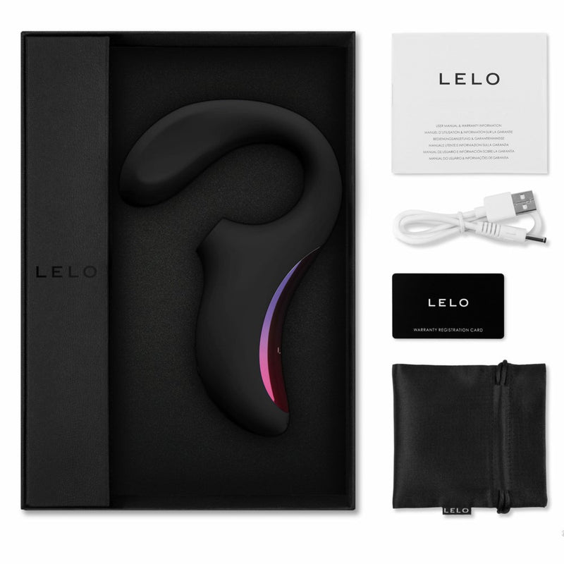 Product packaging and inserts of Enigma Dual Stimulation Sonic Massager | Lelo - Black 