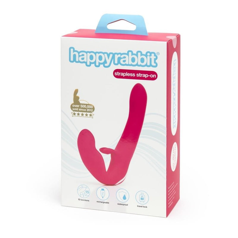 Product packaging of Happy Rabbit Rechargeable Vibrating Strapless Strap-On | LoveHoney - Pink 