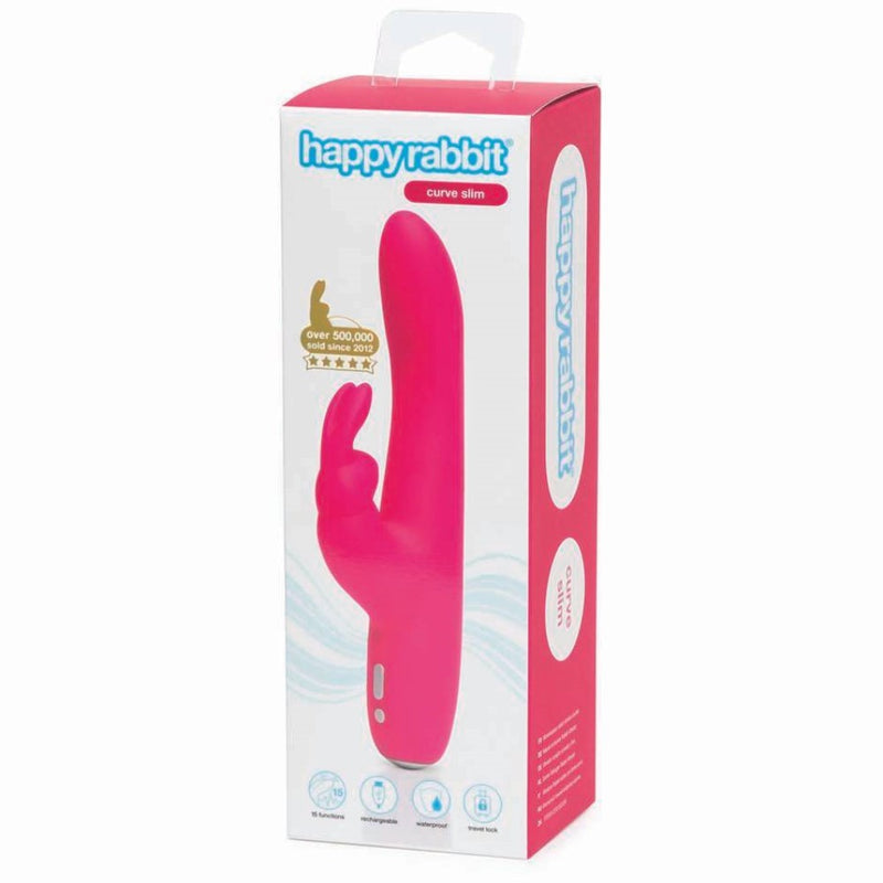 Product packaging of Happy Rabbit Slimline Curve Vibrator | LoveHoney - Pink 