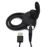 Happy Rabbit Vibrating Love Ring | LoveHoney - Black with charging accesories 
