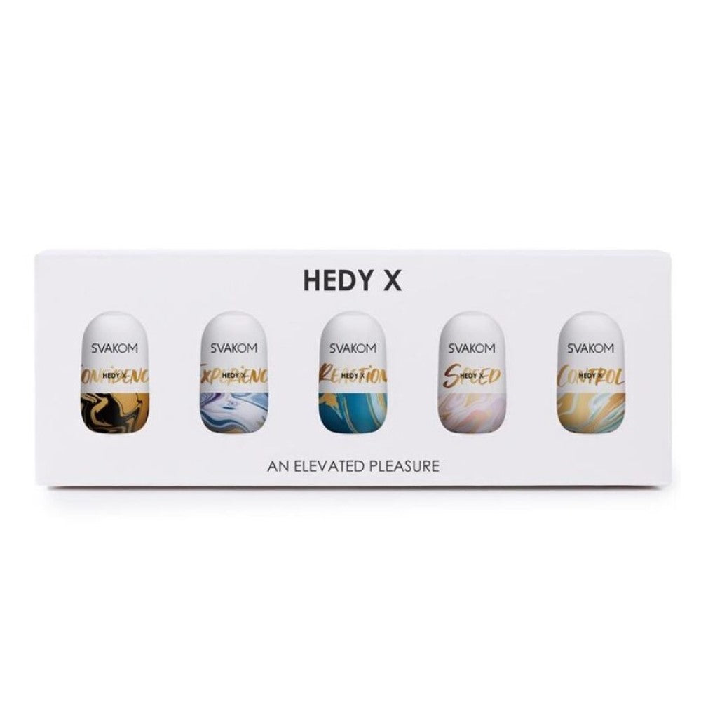 Full view of Hedy X Stroking Masturbator Set (5 Pack) | Svakom - Control  in product packaging 