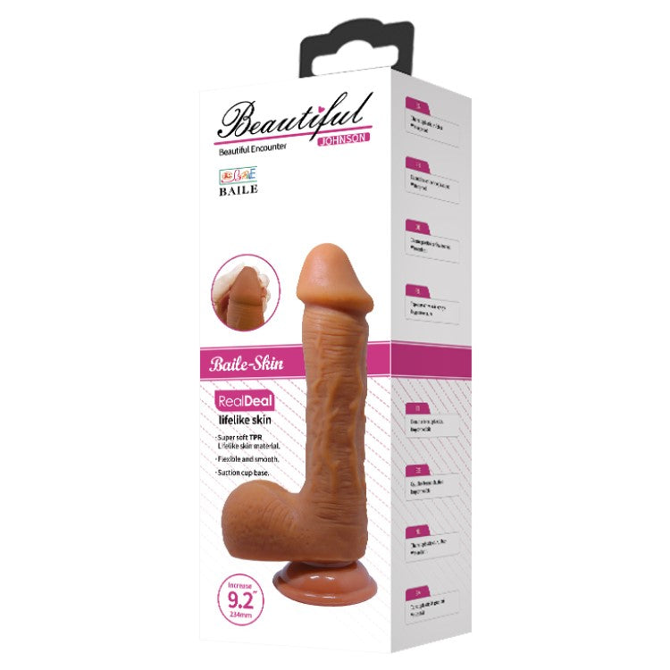 Product packaging of Johnson Realistic 9.2 Inch Soft Skin Suction Dildo | Baile