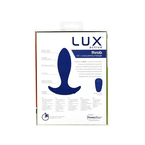 Rear product packaging view of Lux Active Throb Vibrating & Pulsating Anal Plug | Swan