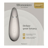 Product packaging of  Premium 2 Clitoral Stimulator | Womanizer -Warm Gray