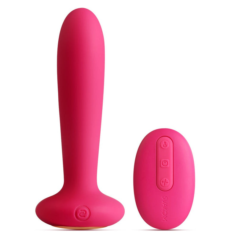 Full view of Primo G-Spot & Anal Remote-Controlled Warming Vibrator | Svakom - Wine Red and remote 