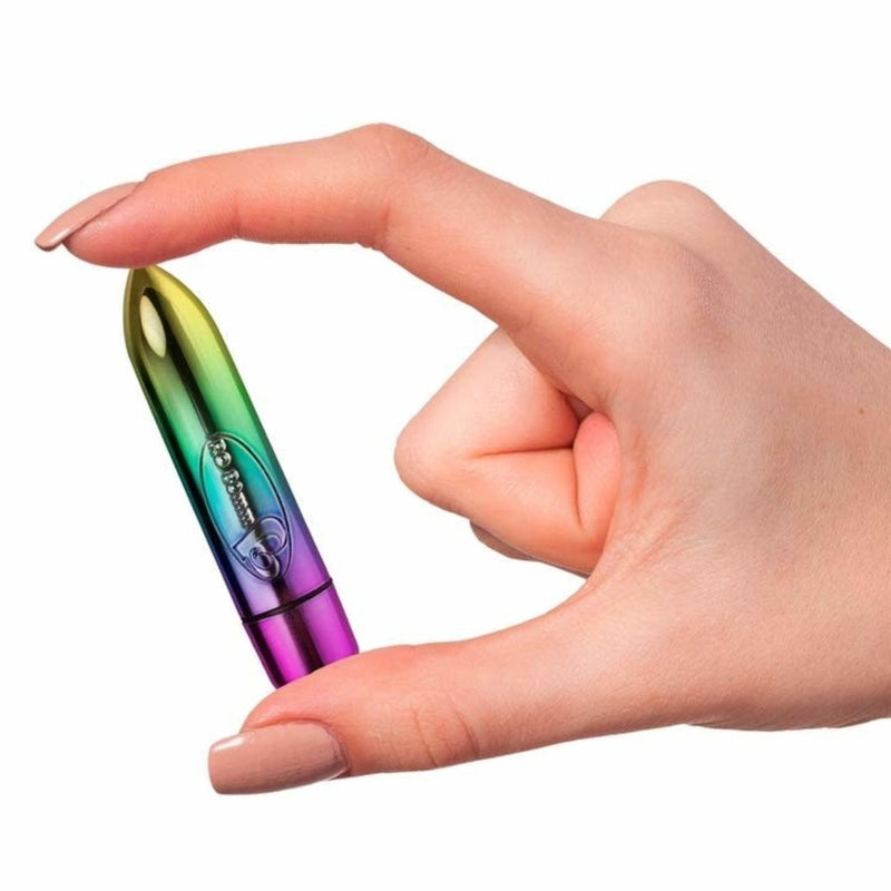 Full view of RO-80mm 7 Speed Rainbow Bullet Vibrator | Rocks-Off in hand 