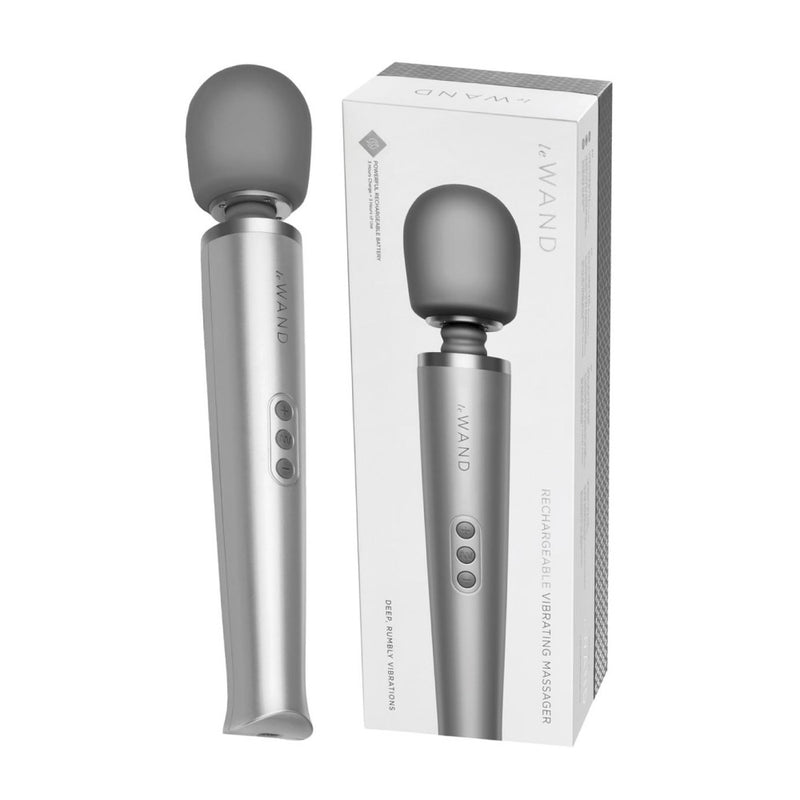Rechargeable Vibrating Massager | Le Wand - Grey with product packaging 