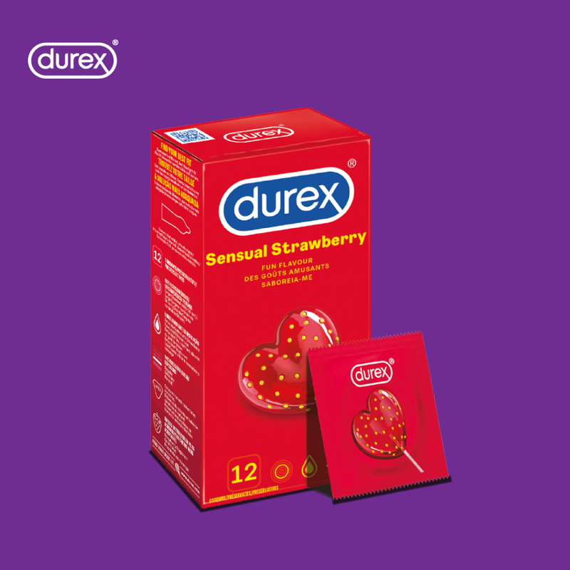 Product packaging for Sensual Strawberry Condoms | Durex - 12s with condom sleeve