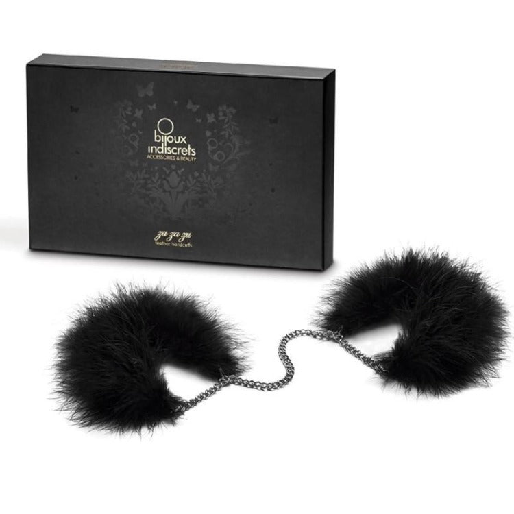 Full view of Za Za Zu Feather Handcuffs | Bijoux Indiscrets with packaging