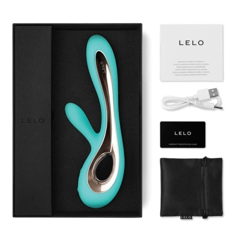 Packaging contents of Soraya G-Spot And Clitoral Rabbit Vibrator | Lelo - Aqua 