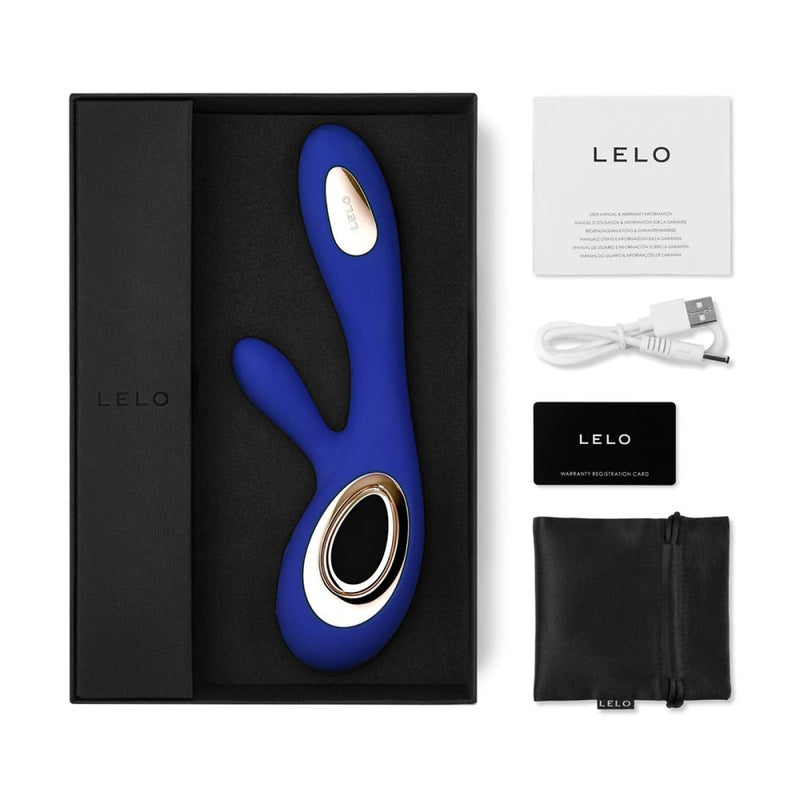 Packaging contents of Soraya Wave Luxurious Rabbit Massager | Lelo - Midnight Blue 