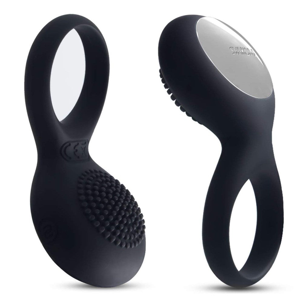 Front & Back View of the Svakom Tyler Couples Rechargeable Vibrating Penis Ring (Black)