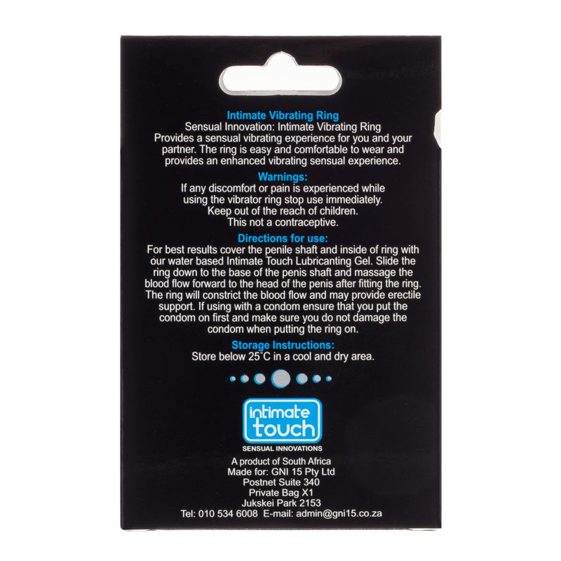 Back view of packaging for Intimate Vibrating Cock Ring | Intimate Touch