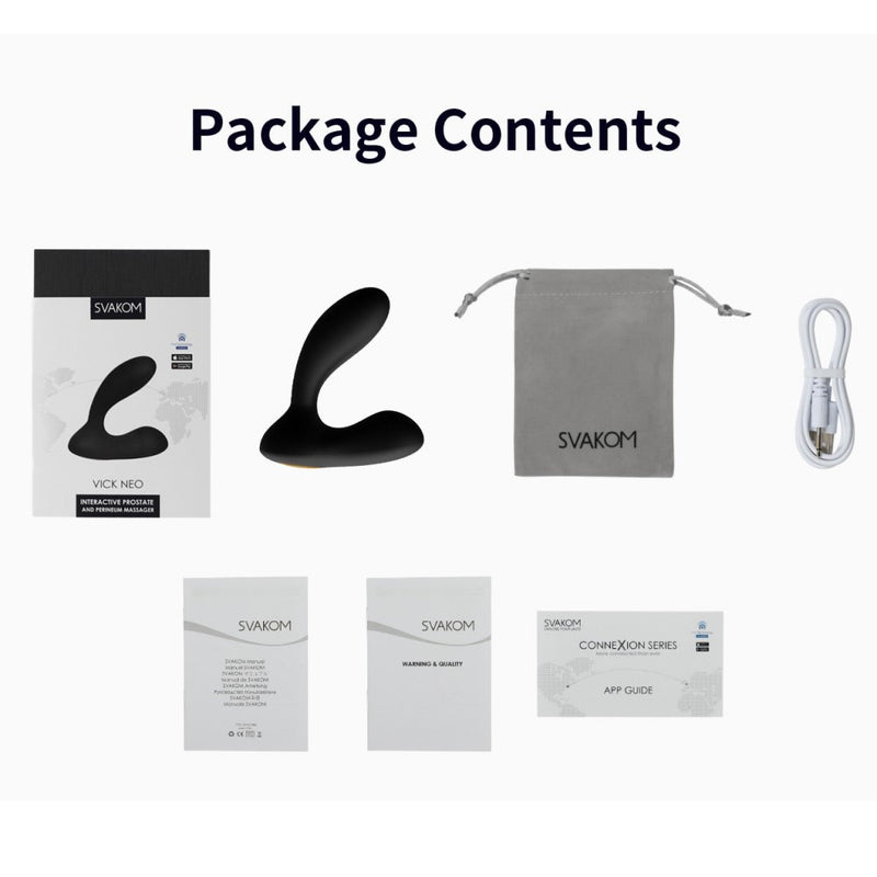 Packaging contents of Vick Neo Interactive Prostate Massager | Svakom 
